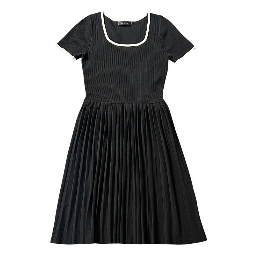 ZESICA Womens Black Ribbed Knit Pleated Midi Dress Short Sleeve Scoop Neck Small